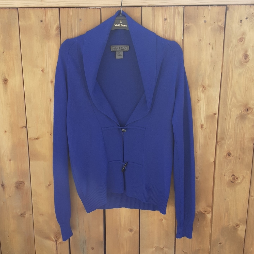 Vibrant Cobalt Royal Blue Toggle button 100%CASHMERE Shawl neck Cardigan Sweater